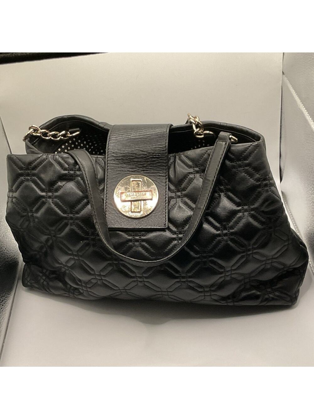Kate Spade New York Black Quilted Shoulder Bag Turn Lock Chain Strap Polka Dot